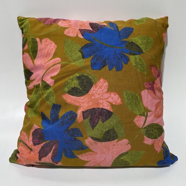 CUSHION, Brown Retro w Pink Blue Florals